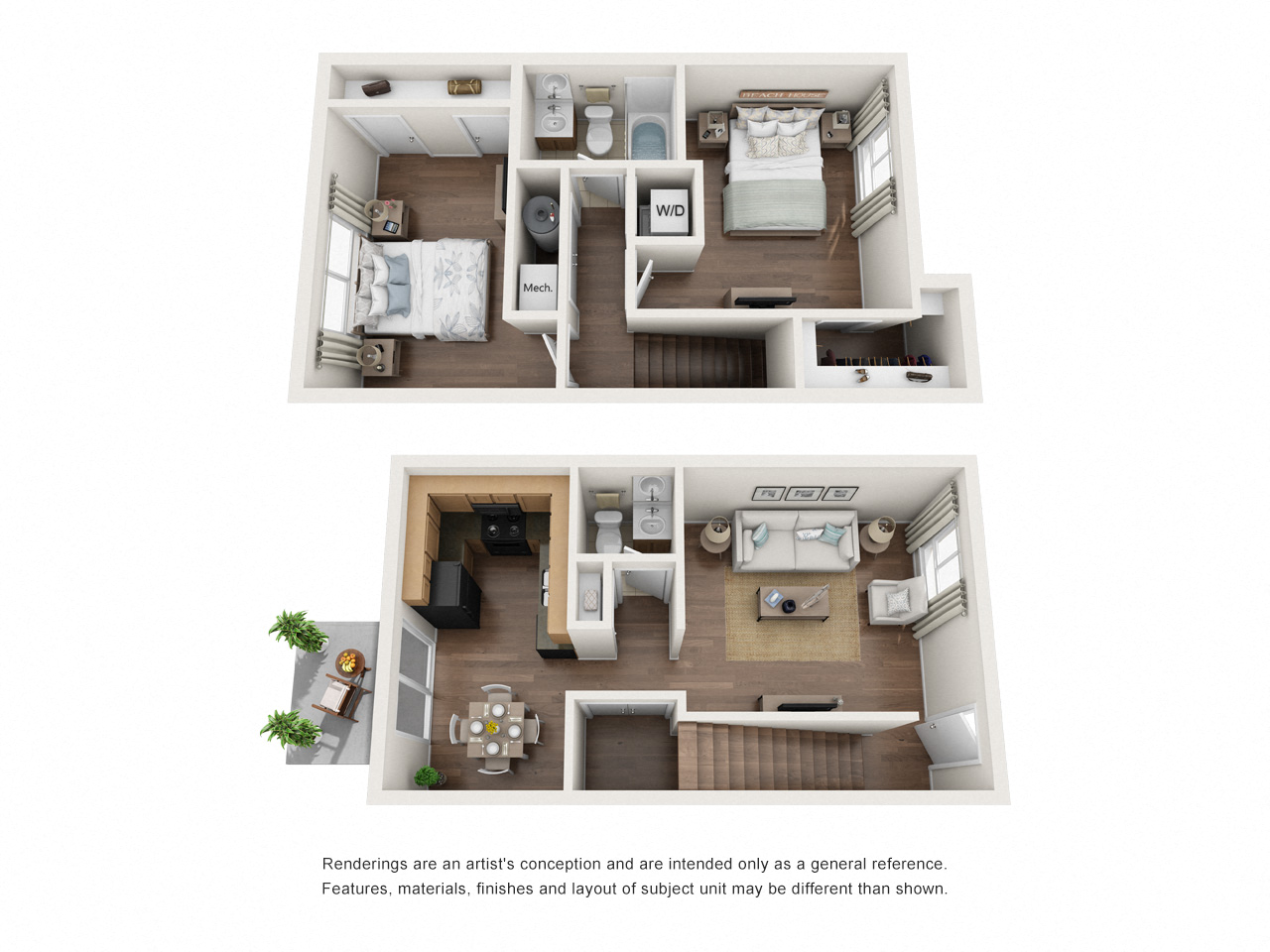 Floor plan for 2 beds, 1.5 baths, 844 sqft